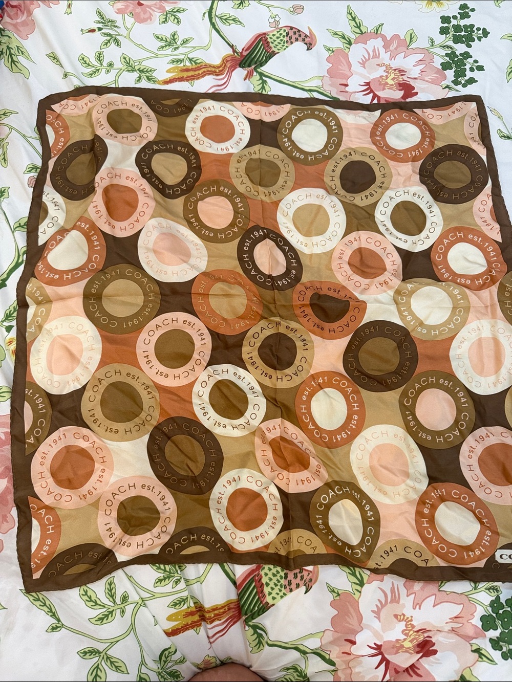 Coach Circular Logo Silk Scarf - Brown, Pink & Cream